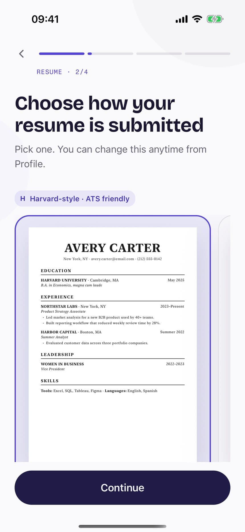 Resume style picker showing a Harvard-style, ATS-friendly resume preview