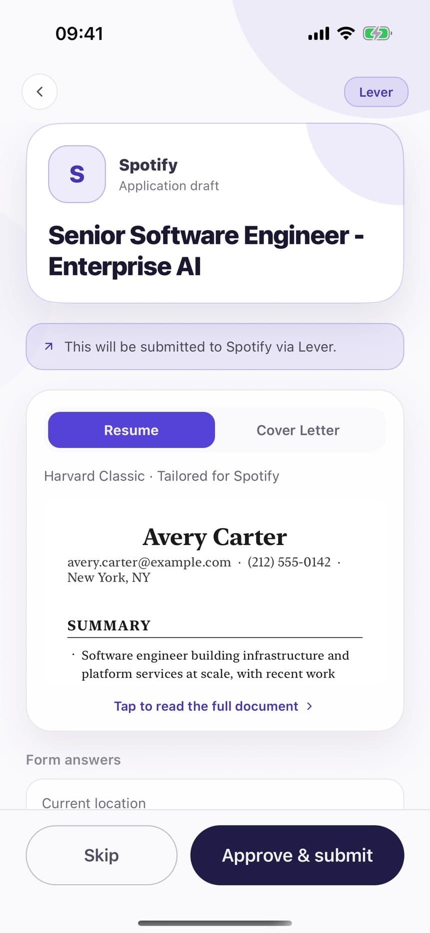 Hiredeck review screen with a resume tailored for a Spotify role, waiting for approval