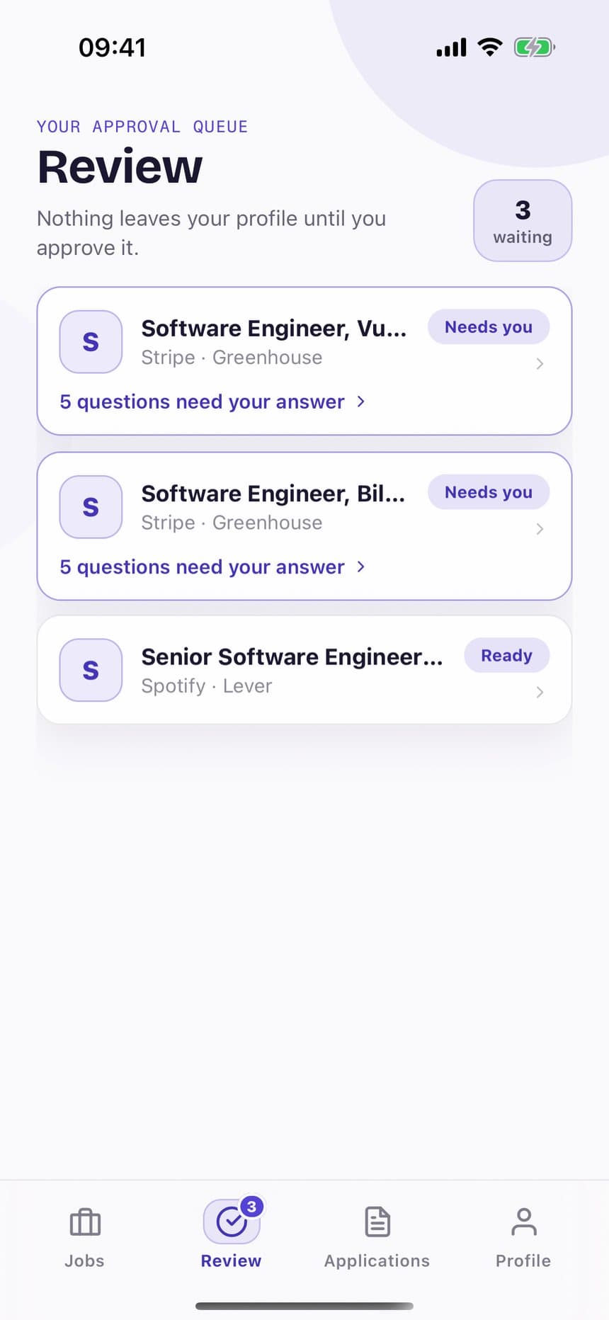 Review queue with drafts marked Needs you and Ready, waiting for approval before sending