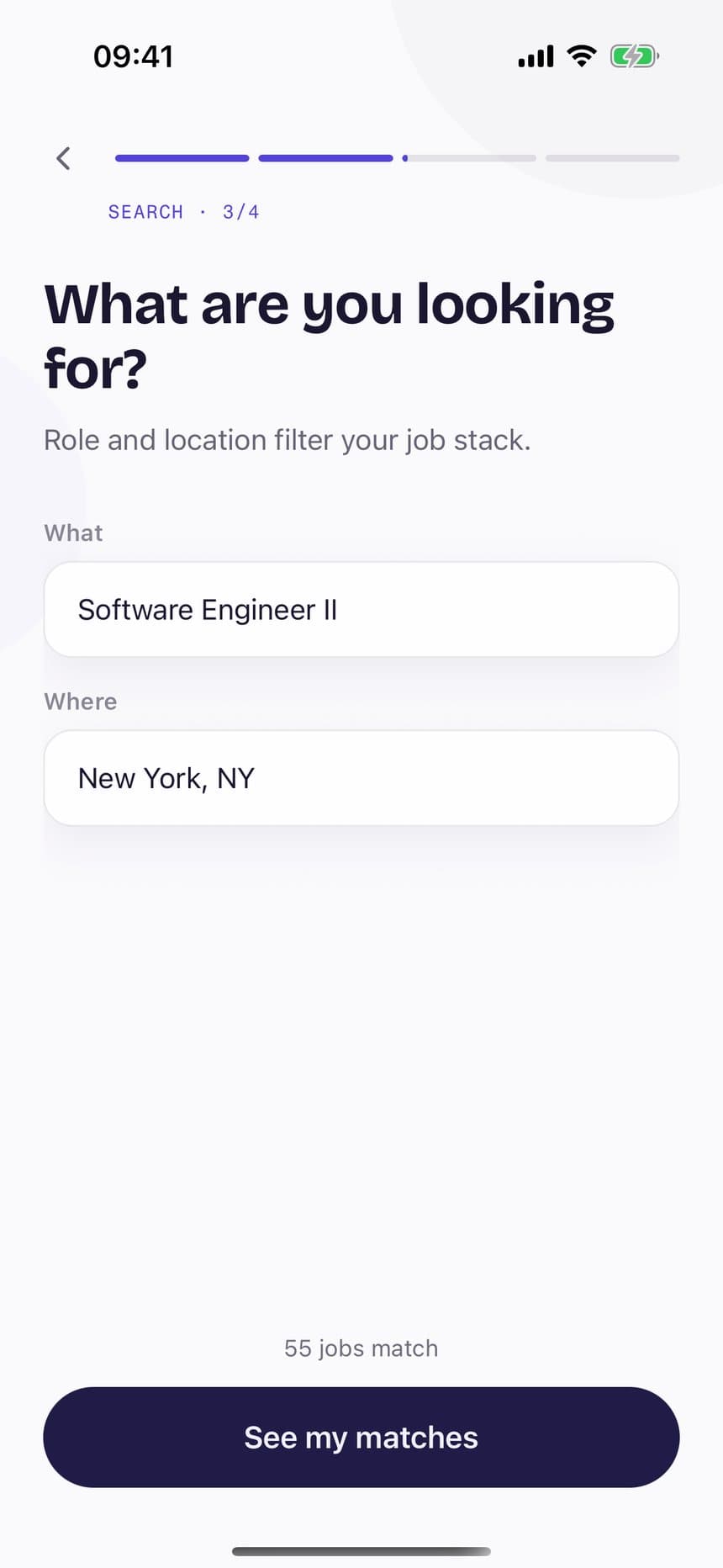 Role and location screen with a live count of matching jobs